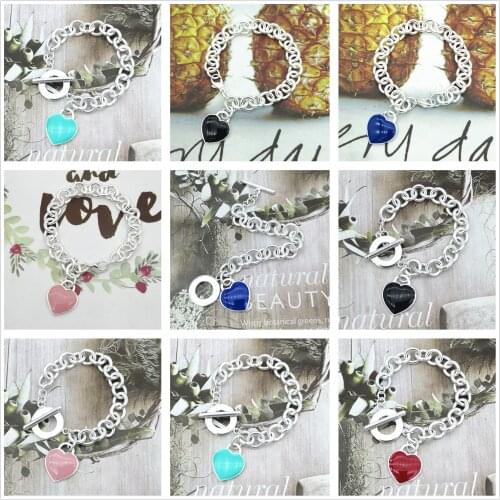 Silver plated necklace with Europe and the United States original classic pink lady silver blue red enamel ms heart-shaped brace