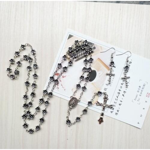 QIGO Vintage Acrylic Flower Cross Rosary Necklace Earrings Religious Jewelry Sets For Women