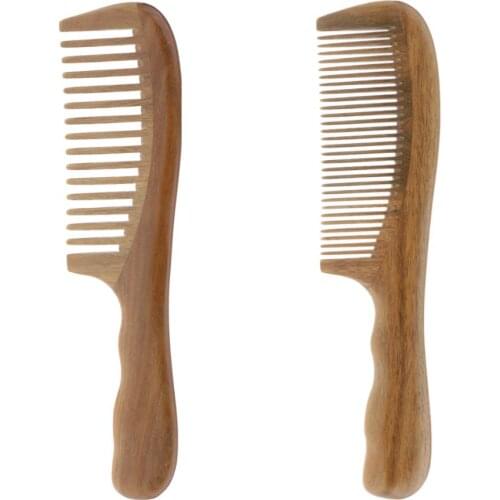 Pro Wooden comb, Wide/Fine Tooth Comb, Natural Green Sandalwood Comb Anti static Scalp Massage Combs with Wavy Handle 7.7