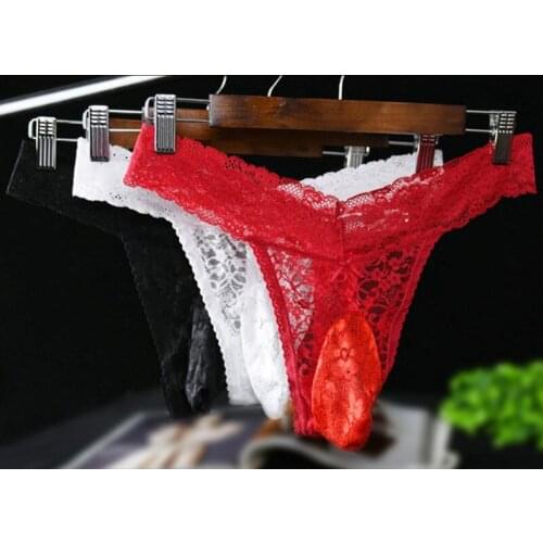 Sexy Men Lace Convex Pouch G-string COCK Ring Sexy Thong Hollow Out Sheer Underwear Low waist T-back Gay Wear Plus Size Male F10