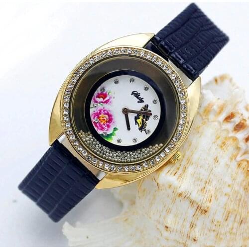 Shsby New Top Quality Leather Strap Quartz Watch Rhinestone Rolling Beads Gold Female Watches Flower Butterfly Women Dress Watch
