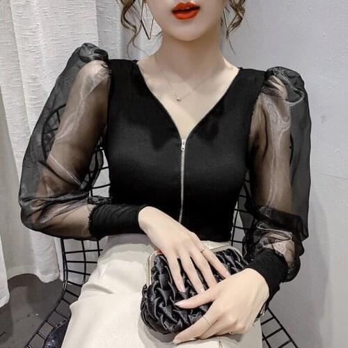 Spring French V-neck high-waist short all-match blouse mesh stitching knit sweater bubble long-sleeved T-shirt women