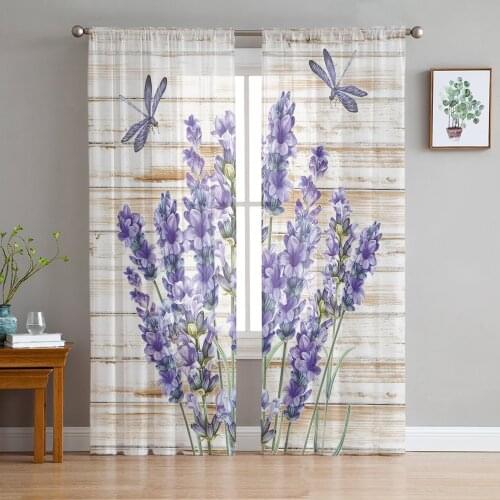 Purple Flower Lavender Dragonfly Wood Tulle Curtains for Living Room Bedroom Decor Chiffon Sheer Voile Kitchen Window Curtain