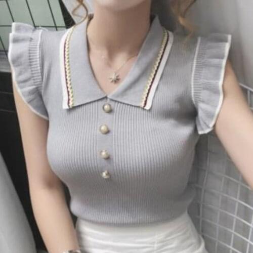 Women Summer Knitted T Shirt Chic Top 2021 Design New Stylish Ruffles Sleeveless Turn-down Collar Buttons Slim Casual Shirts