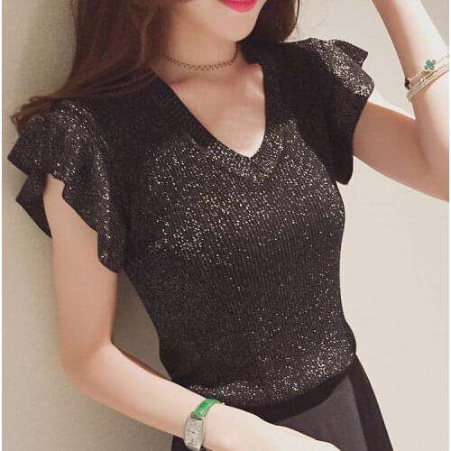 Summer Glitter Butterfly Sleeve V Neck Knitting T Shirt For Women Solid Color Slim T-shirt Ladies Chic Slim Tees Top