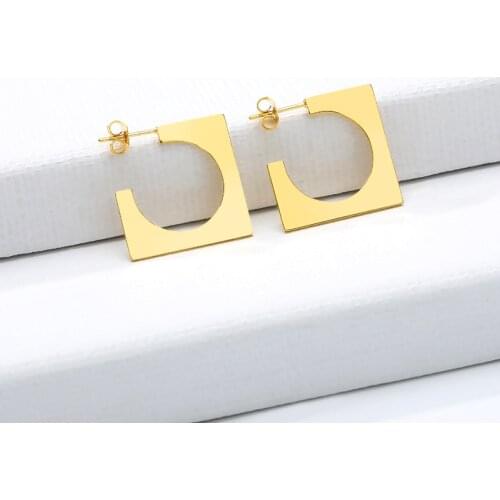 Womens Fashion Ear Studs Accessories Stainless Steel Rose Gold Square Cut Out Round Earring Simple Jewelry Sister Gifts