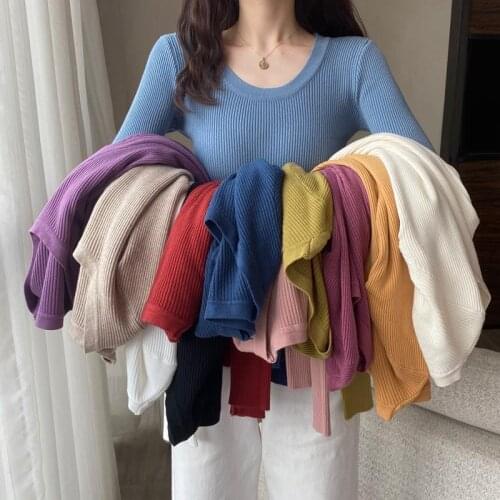 Autumn Winter New Slim Skinny Long Sleeve Bottoming Top Women O-neck Solid Casual Ribbed Knitted Sweaters Black Pullovers Jumper