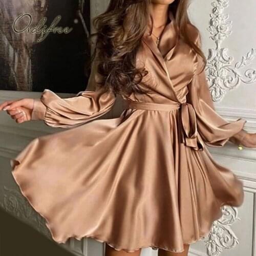 Ordifree 2021 Spring Autumn Women Satin Party Dress Long Sleeve Belted Sexy Short Elegant Lady Silk Shiny Mini Dress