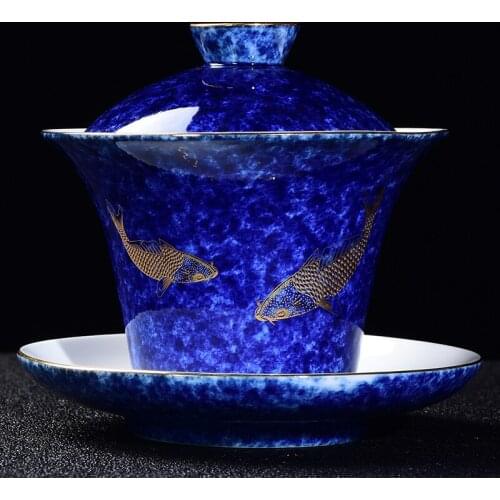 180ml Luxurious Ceramic Gaiwan Teacup Handmade Tea Tureen Bowl Chinese Blue and White Porcelain Teaware Accessories Drinkware