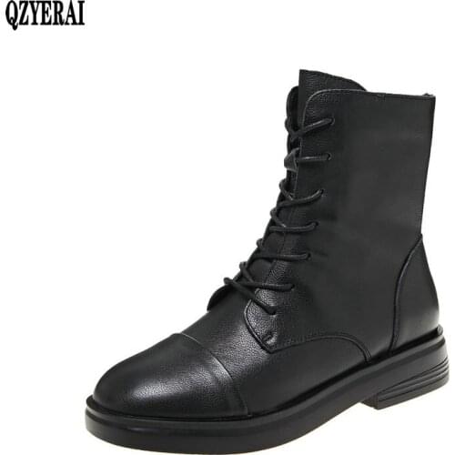 2021 Genuine Leather Boots Women Shoes Thick Sole Lace Up Autumn Winter Short Ankle Boots For Women Motorcycle Boots