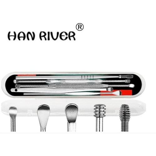 Ear scoop suits spring type spiral ear pick ears kit double ear spoon stainless steel 5 in 1 box