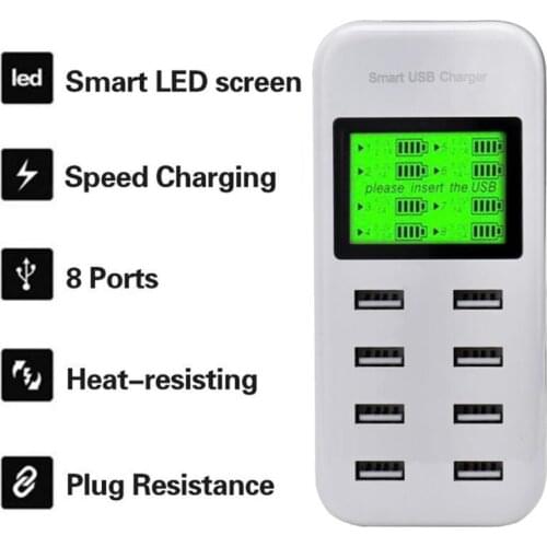 8 Ports Multi-port USB Wall Charger Hub Smart Charging Dock LCD Display For Smartphone Tablets AC100-240V
