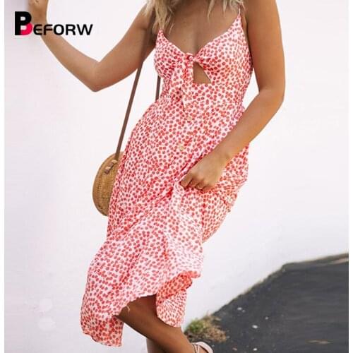 BEFORW 2020 Sexy Deep V Neck Buttons Off Shoulder Dresses Polka Dots Print Beach Summer Dress Women Bow Backless Party dress