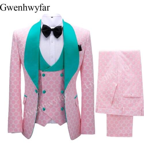 Gwenhwyfar Pink Polka Dot Groom Wedding Party Tuxedos Peacock Green Lapel Men Prom Suits 2021 Costume Homme (Jacket+Pants+Vest)