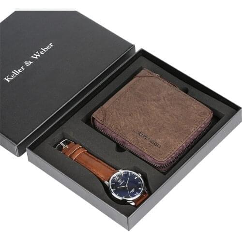 Brown Quartz Wristwatches Men PU Leather Wallet Zipper Design Male Boy Friends Husband Business Gifts Set Luxury Relogios Gift