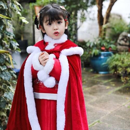 Red/GreenGirls Hanfu Cape winter Long Cloak Chinese Children Ancient Style Mantle Kids Christmas Hooded Capes New Years Wear