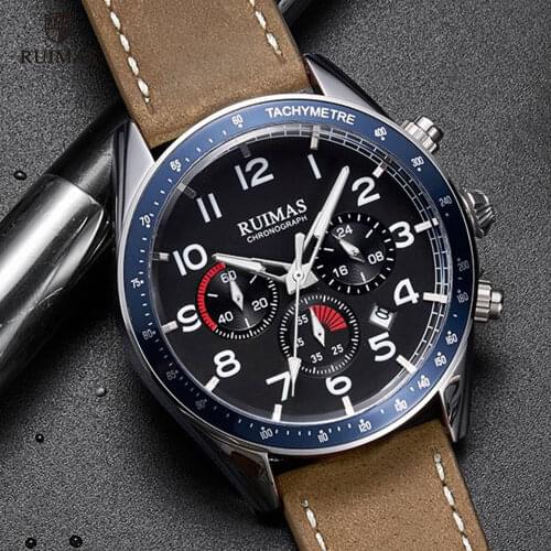 RUIMAS Mens Brown Leather Quartz Watches Luxury Chronograph Wristwatch Men Military Sports Watch Male Relogios Masculino 574