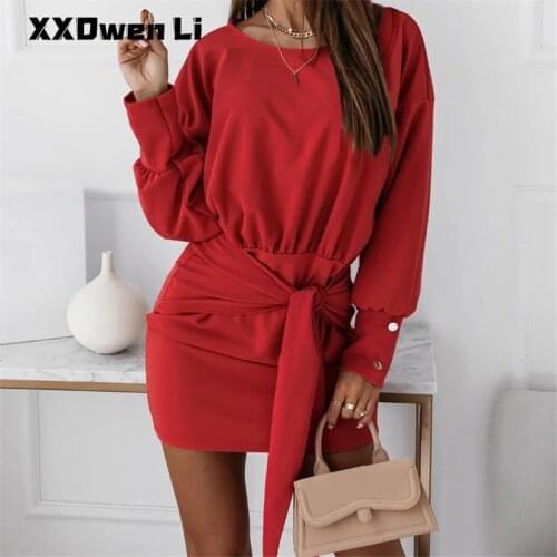 Autumn Women Casual Solid Color Bag Hip Bodycon Mini Dress Ladies Sexy Slim Long Sleeve Short Dresses Woman Red Lace Up Dress