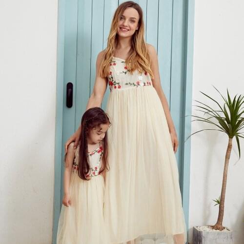 PatPat New Summer Embroidered Mesh Stitching Sling Dresses For Mommy and Me Floral Embroidered Matching Apricot Sling Maxi Dress