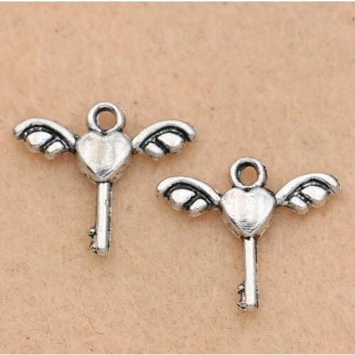 10pcs Antique Silver Plated Heart Wings Key Charm Pendant fit Bracelet Necklace Jewelry DIY Making Accessories 14x17mm