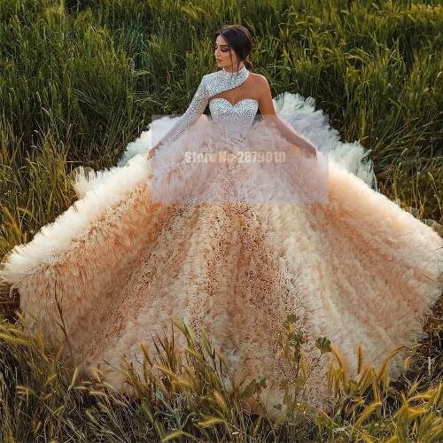 One Shoulder Luxury Wedding Dress Ball Gown Floor-Length High Neck Beaded Sequins Vintage Wedding Gown Bridal Gowns 2020 Dubai
