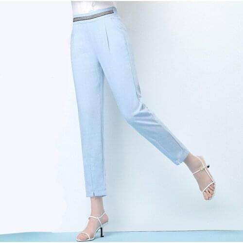 Elastic High Waist Ankle Length Pants Women Summer Cotton Line Ladies Office Trousers Loose Split Plus Size 4XL Pantalones Mujer