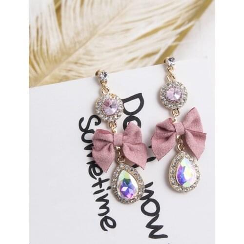 New Cute Pink Bow Luxury Rhinestone Pendant Drop Dangle Earrings for Women Girl Korean Trendy Statement Jewelry Brincos 6G1002