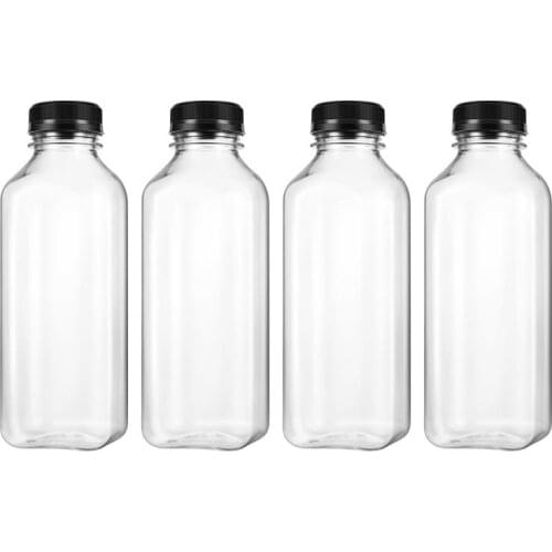 UKCOCO 4PCS PET Plastic Empty Storage Containers Bottles with Lids Caps Beverage Drink Bottle Juice Bottle Jar (Black Caps)