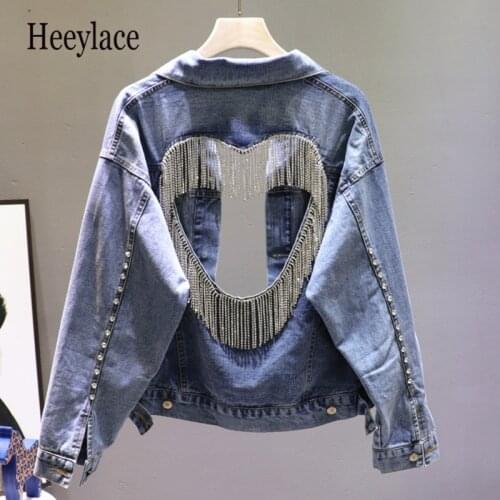 Streetwear 2020 Autumn New Heavy Industry Rhinestone Back Hollowed Out Love Tassel Denim Cropped Jacket Female Loose Jeans Coat