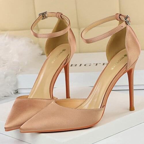 2021 Plus Size 43 Women Summer 10cm High Heels Sandals Lady Satin Silk Burgundy Stiletto Pumps Female Scarpins Party Dress Shoes