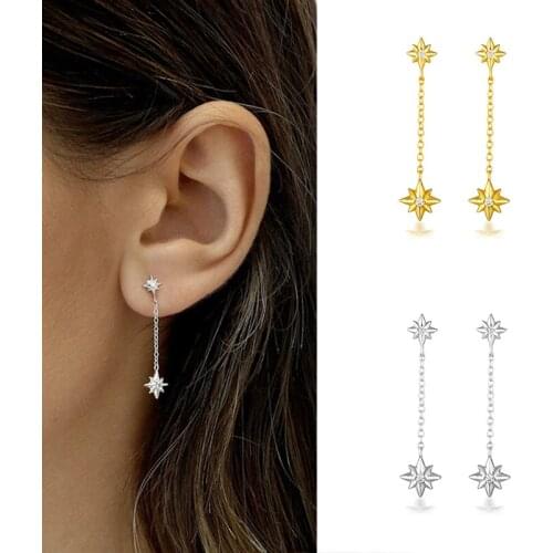 Prevent Allergies 925 Silver Geometric Octagonal Chain Pendant Simple Stud Earring Women Party Jewelry