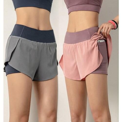 Women Sport Running Shorts Quick Dry High Elasticity Double Layer Yoga Shorts with Phone Pocket for Fitness Training ASD