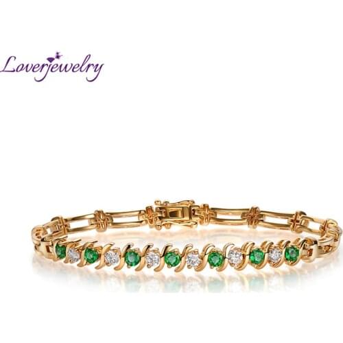 LOVERJEWELRY Emeralds Diamonds Bracelet Gold Real 14Kt Yellow DIY Gemstones Natural Green Emerald Diamond Bracelet For Women