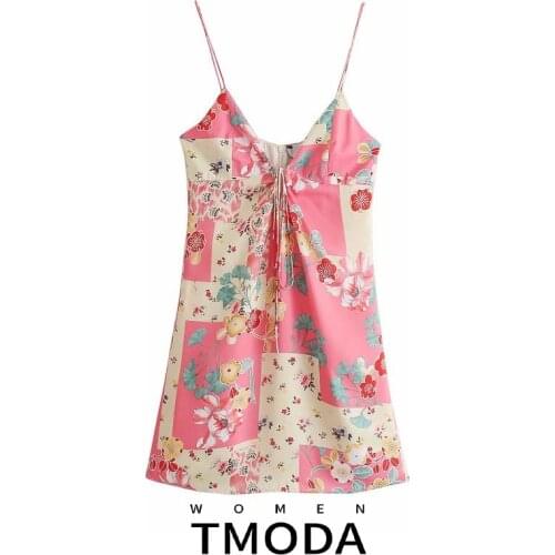 TMODA1602 Za 2021 Summer Women Fashion Floral Print Satin Spaghatti Stra Mini Dress Female Chic V Neck Casual Beach Vestidos