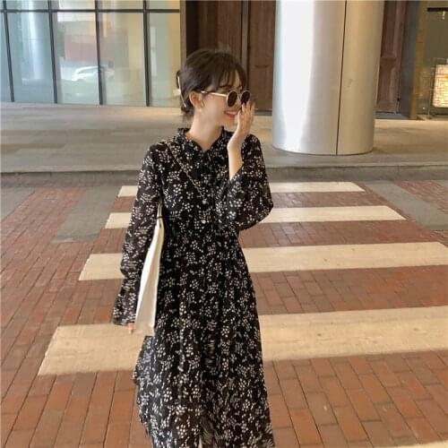 Women Floral Chiffon Dress Spring Summer 2021 Elegant Vintage Korean Casual Party Night Vacation Runway Vestidos Long Sleeve New