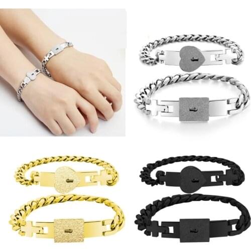 2Pcs Stainless Steel Lover Heart Love Lock Key Bracelet Kit Couple Jewelry Sets