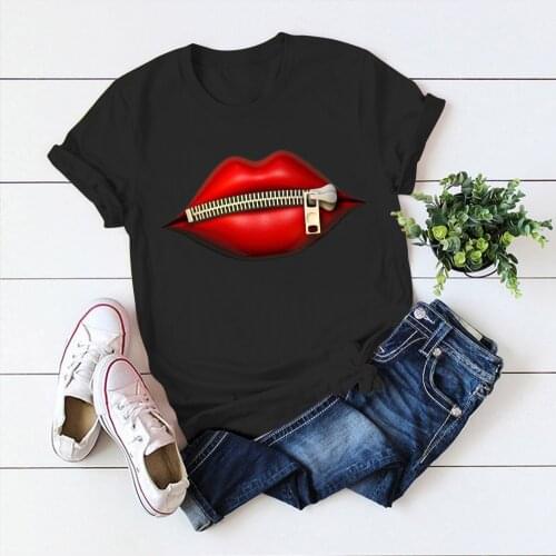 2021 Fashion Womens T-Shirt Casual Sequins Red Lip Short Sleeve T Shirts Vintage Creativity zipper Lips T-Shirt drop ship Tees