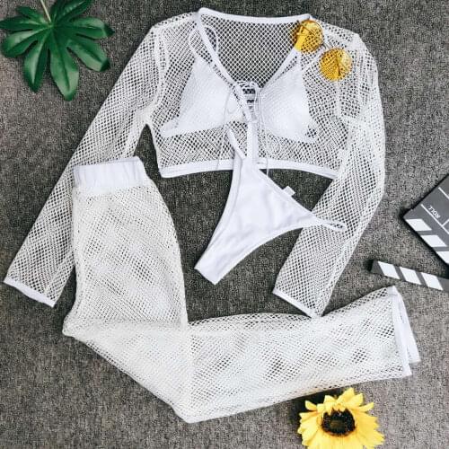 4 Piece Swimsuit Women Micro Bikini 2020 Beach Cover Up Fishnet See Through Mesh Crop Top Long Pants Brazilian White Swimwear