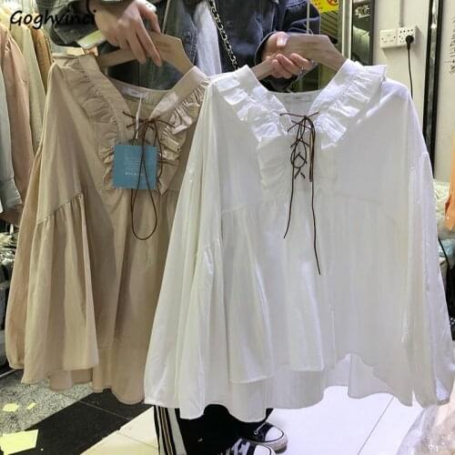 Blouses Women Fall Fashion Streetwear Peter Pan Collar Bandage Korean All-match Elegant Simple Chic Vintage Casual Female Shirts