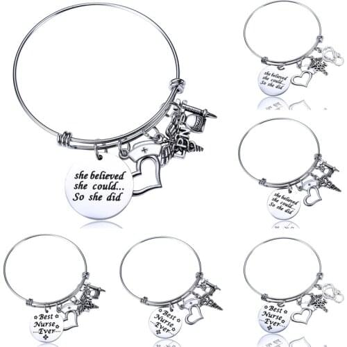 She Believed & Best Nurse Ever Wire Expandable Bangle Bracelet Women Doctor Nurse Physician Caduceus Charm Bracelet Jewelry Gift