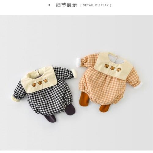 Baby Girl Romper Plaid Winter Warm Korea Bear Jumpsuit Newborn Outwear Fleece Lined Clothing