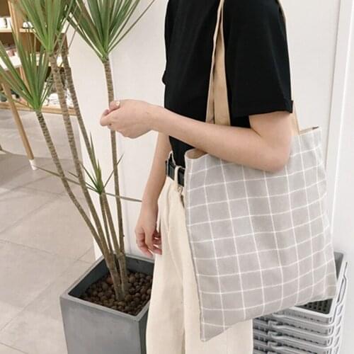 Environmental Protection Shopping Bags Canvas Plaid Women Shoulder Bags Large Capacity Double-sided Cloth Bags
