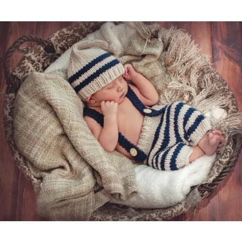 Baby Photo Costume Clothes Newborn Girls Boys Photography Prop Crochet Knit Overall Bib Pants + Hat 2pcs Sets Striped Outfits