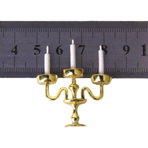 ABWE Miniature Gold Candelabra 3 White Candles Dollhouse 1/12 Scale