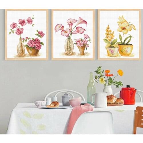 Cross stitch kit with dmc cotton thread Living room dining room modern minimalist triptych bouquet vase decorative painting