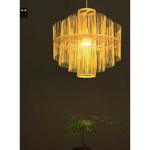 Natural Black Bamboo Wicker Rattan Waterfall Pendant Light Fixture Rustic Asian Hanging Ceiling Lamp for Restaurant Dining Room
