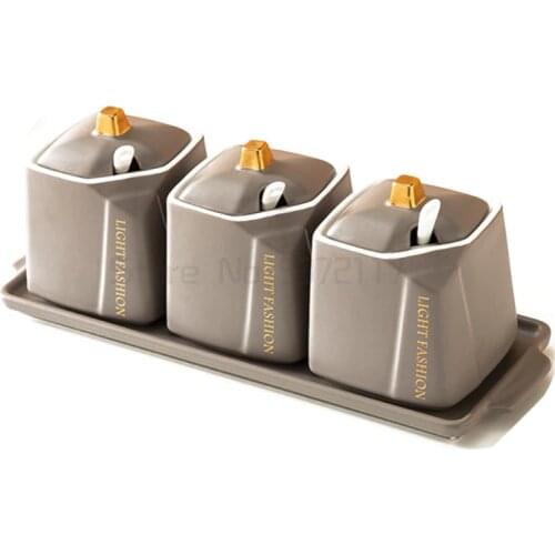 Nordic ceramic square seasoning can set, combined ladle cap, integrated sugar salt and monosodium glutamate seasoning can bottle