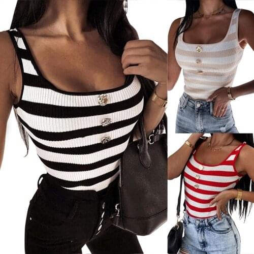 2021 Summer New Woman Girls Sleeveless Button Striped Tank Tops Tee High Street Ladies Clothes