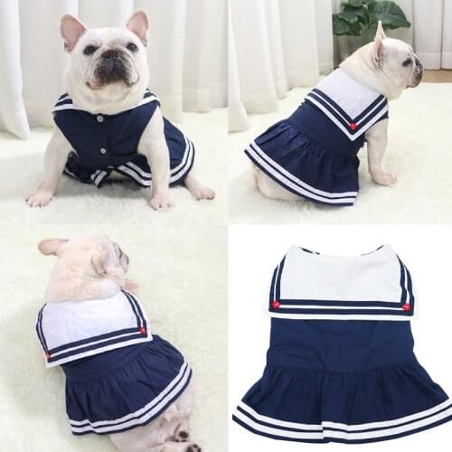 Fashion Dog Navy sailor dress Pet Dog Clothes For Dogs skirt blue Cotton French Bulldog Clothing For Summer Dogs Pets Clothing