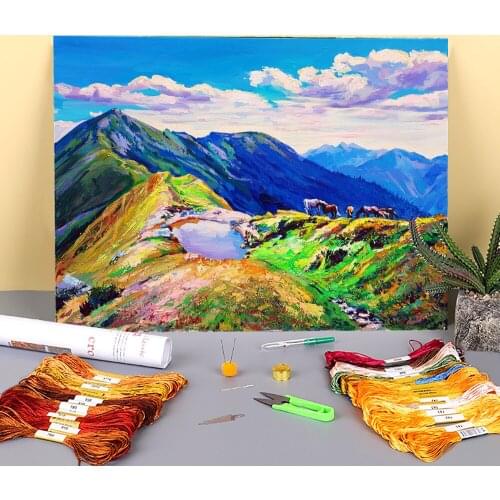 Landscape Summer Printed Canvas 11CT Cross-Stitch Full Kit Embroidery DMC Threads Handiwork Painting Knitting Adults